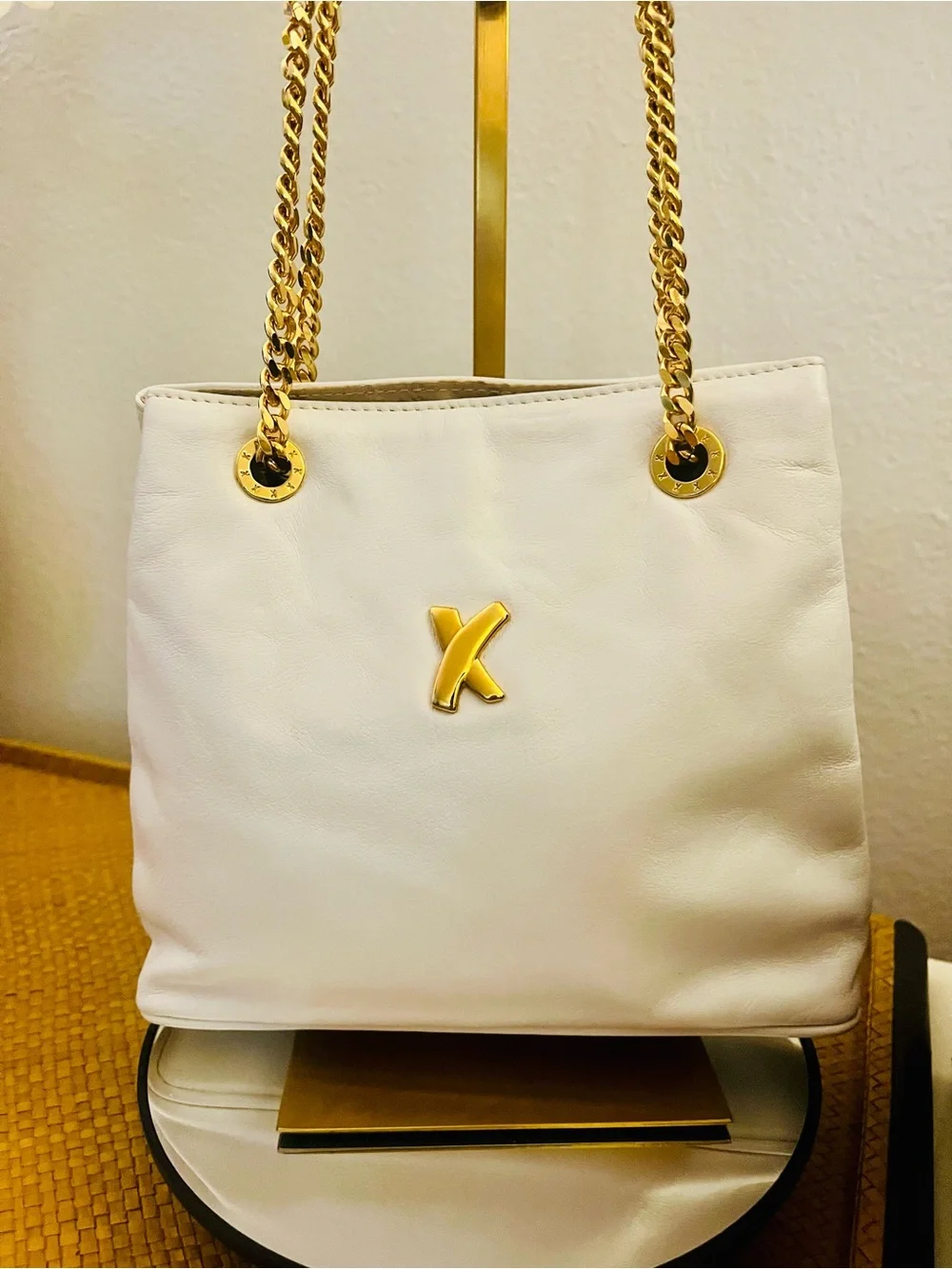 Vintage Paloma Picasso White Leather Mini Shoulder Crossbody Handbag Gold Chain